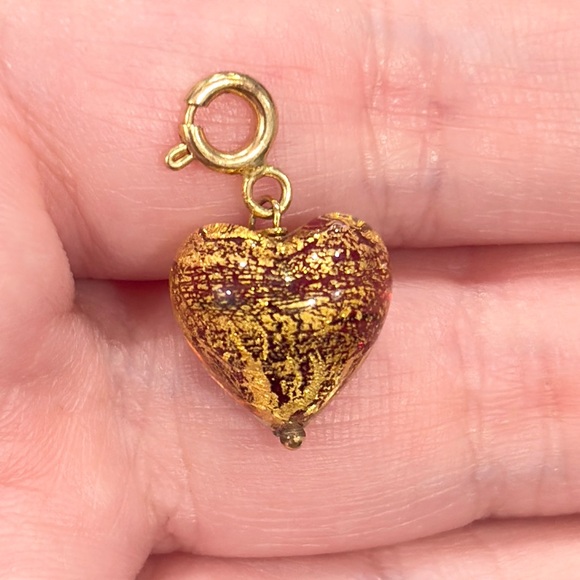 Jewelry - 14K Murano Glass Heart Charm, Yellow Gold Pendant, Dainty Petite, Red Gold Bead
